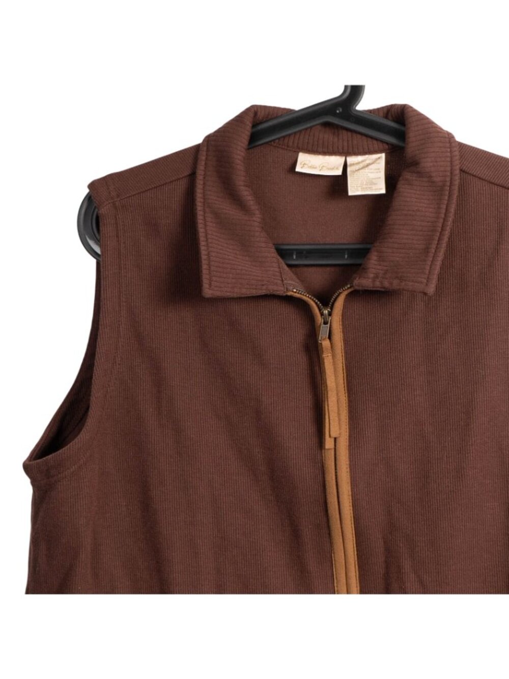 VTG Sweater Vest Womens XL Brown Zip Up Contrast Trim Ribbed Drawstring Collared - Picture 2 of 6